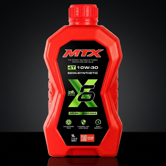 Aceite Moto 10W-30 semi sintético MTX, litro, con especificaciones API SN y JASO MA2, envase con tapa negra y etiqueta.