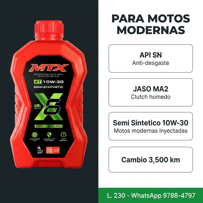 Aceite de motor MTX 10W-30 semi sintético en botella de 1 litro, API SN y JASO MA2, para vehículos y motocicletas