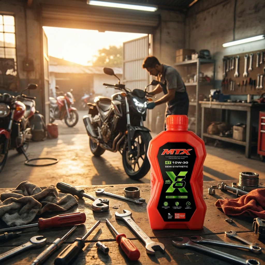 Aceite de motor semi sintético MTX 10W-30 en botella de 1 litro, compatible con API SN y JASO MA2, para vehículos.