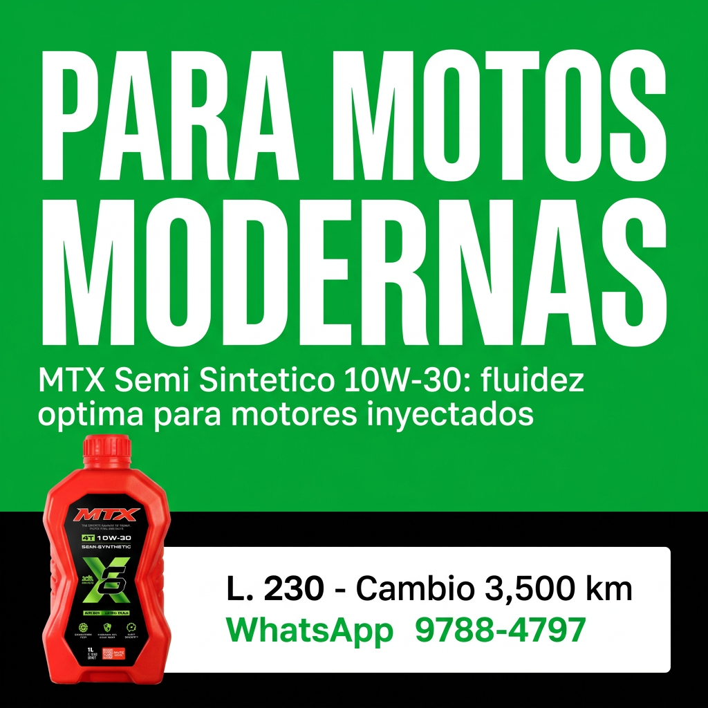 Aceite para moto 10W-30 semi sintético MTX, frasco de 1 litro, compatible con API SN y JASO MA2.