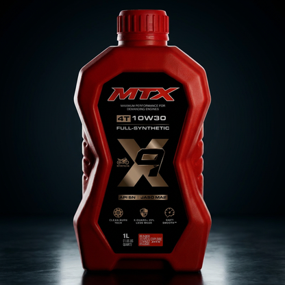 Aceite de motor sintético MTX 10W-30 para motos, frasco de 1 litro, cumple con API SN y JASO MA2