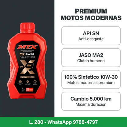 Aceite Moto 10W-30 Full Sintético MTX 1 Litro, para motores de motocicleta, con certificaciones API SN y JASO MA2