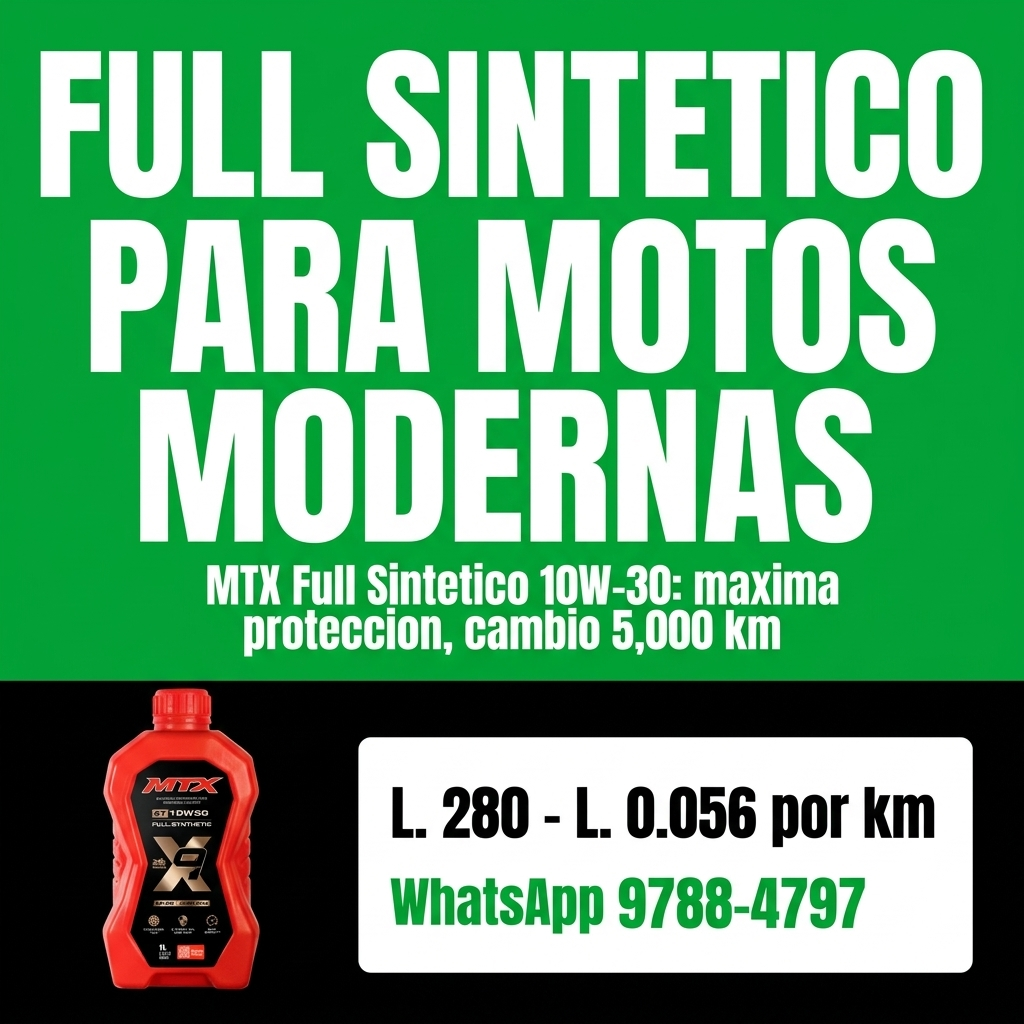 Aceite de motor 10W-30 full sintético MTX, 1 litro, compatible con API SN y JASO MA2, para lubricación eficiente del motor.