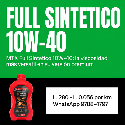 Aceite 10W40 full synthetic MTX en envase, lubricante de motor para vehículos, con etiqueta y tapa visible.