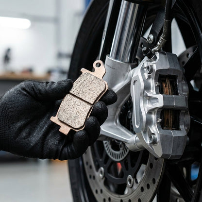 Pastillas de freno de moto premium junto al caliper — fácil reemplazo, KM Motos Honduras