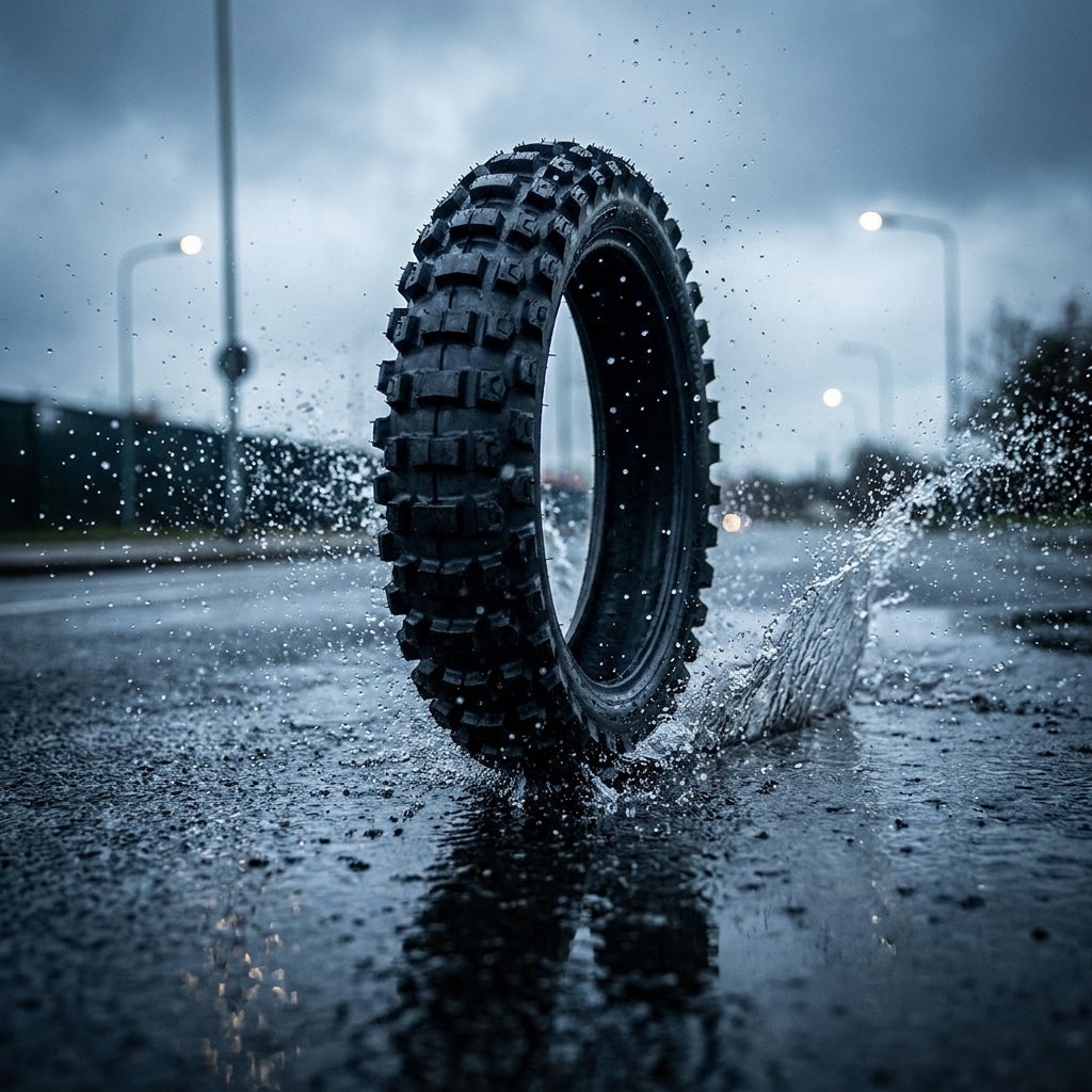 Neumáticos KMS 130/60-13 para motocicleta con banda de rodadura y perfil de neumático en imágenes.