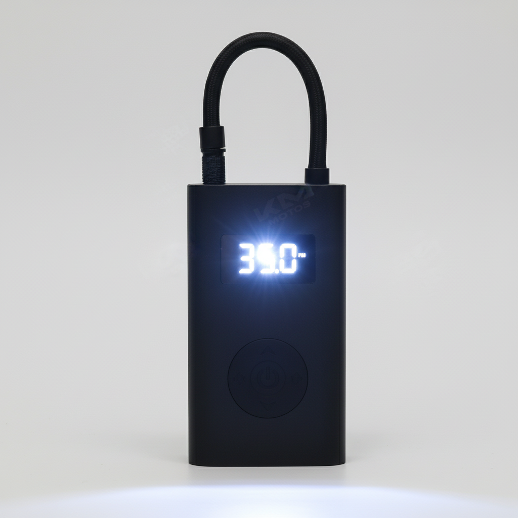 Bomba de inflar digital con luces LED de KM Motos, portátil y fácil de usar para inflar neumáticos y objetos.