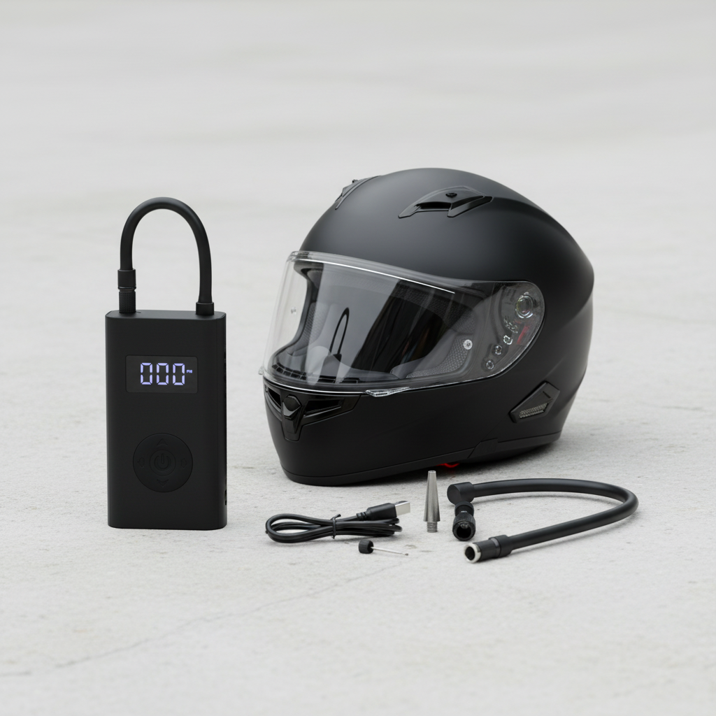 Bomba de inflar digital KM Motos con luces LED y pantalla para inflar neumáticos y otros inflables.