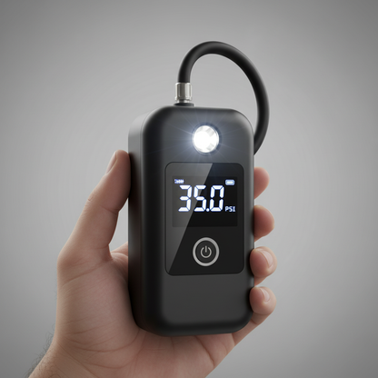 Bomba de inflar digital KM Motos con luces LED, compacta y portátil para inflar neumáticos y objetos rápidamente.