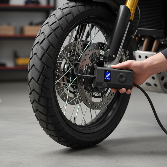 Bomba de inflar digital con LEDs de la marca KM Motos, muestra pantalla y boquilla para inflar neumáticos.