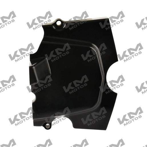 Cubierta trasera izquierda de sprocket negra para F150 Italika, modelo E11010157-1, en acabado resistente y duradero.