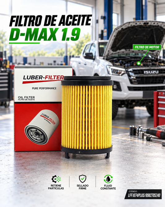 Filtro de aceite KM Motos D Max 1.9, visible en la imagen, muestra el filtro de aceite para motocicleta.