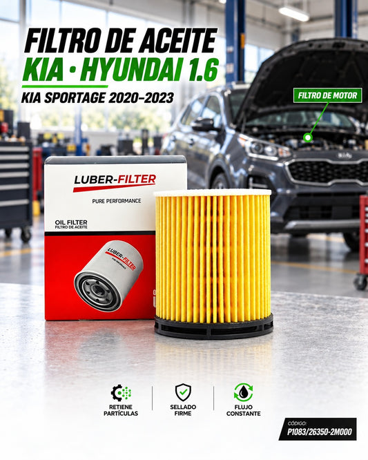 Filtro de aceite KM Motos para Kia Sportage, Elantra, Tucson y Santa Fe 1.6, visible en la imagen.