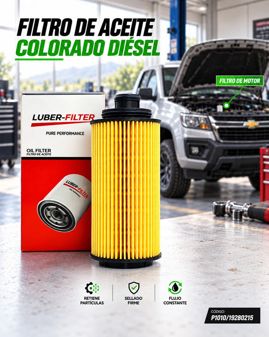 Filtro de aceite KM Motos para Chevrolet Colorado diésel, elemento de filtro de aceite visible en la imagen.