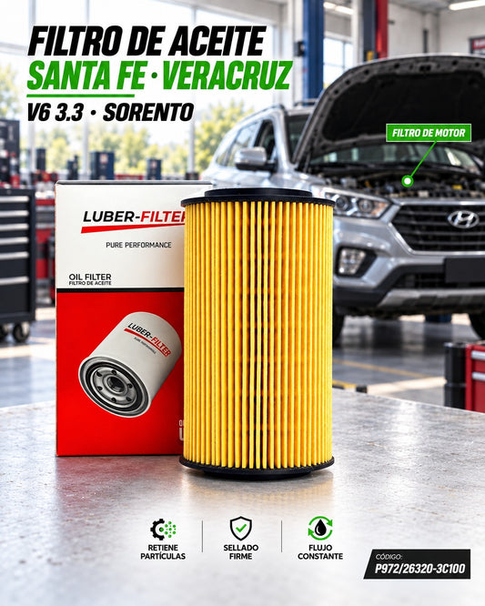 Filtro de aceite KM Motos para Santa Fe 07-09, Veracruz y Sorento V6 3.3, visible en la imagen.