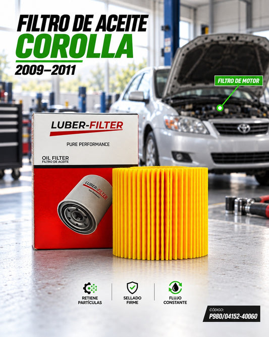 Filtro de aceite KM Motos para Toyota Corolla 2009-2011, imagen del filtro de aceite de color negro y tamaño compacto.