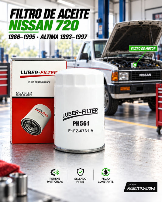Filtro de aceite enroscable KM Motos para Nissan 720 86-95 y Altima 93-97, mostrando el filtro en la imagen.