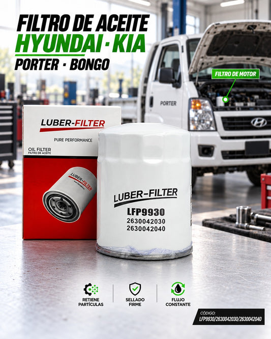 Filtro de aceite enroscable KM Motos para Hyundai Porter y Kia Bongo, con componentes metálicos y sello de goma visible