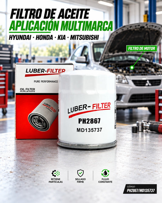Filtro de aceite enroscable KM Motos para Hyundai, Honda, Kia y Mitsubishi, visible en imagen con diseño y rosca.