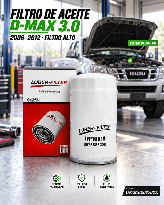 Filtro de aceite enroscable KM Motos para DMAX 2006-2012 3.0, filtro alto de aceite visible en la imagen.
