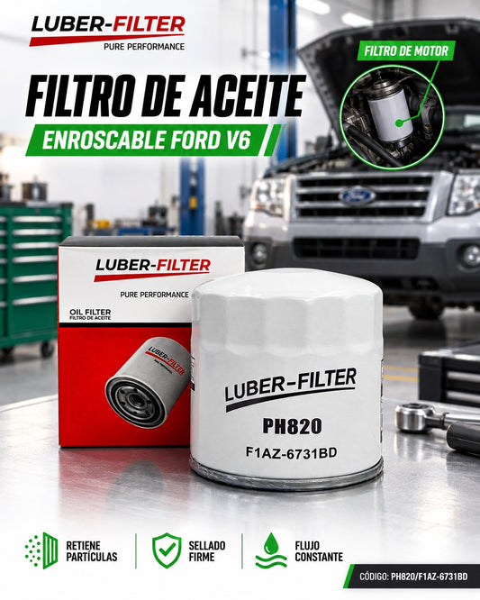 Filtro de aceite enroscable para Ford V6 de la marca KM Motos, mostrando el filtro y sus detalles en la imagen.