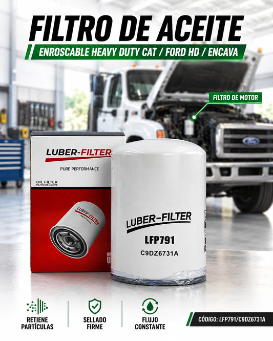 Filtro de aceite enroscable Heavy Duty KM Motos para CAT y Ford HD, imagen del filtro de aceite en su caja.