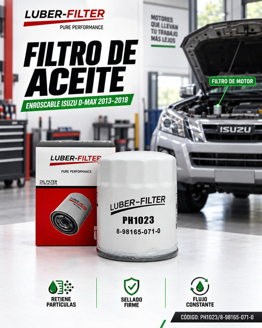 Filtro de aceite enroscable para Isuzu D-Max 2013-2018, compatible con KM Motos, muestra el filtro en la imagen.