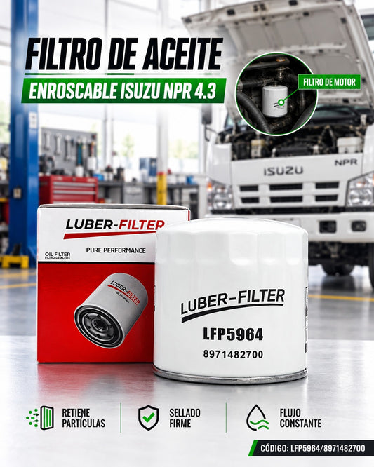 Filtro de aceite enroscable para Isuzu NPR 4.3 de KM Motos, imagen del filtro de aceite con diseño enroscado.
