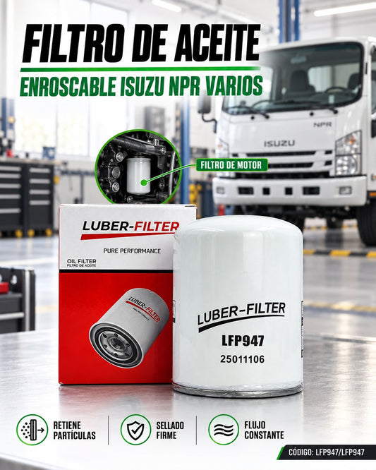 Filtro de aceite enroscable para Isuzu NPR de la marca KM Motos, muestra el filtro de aceite en la imagen.