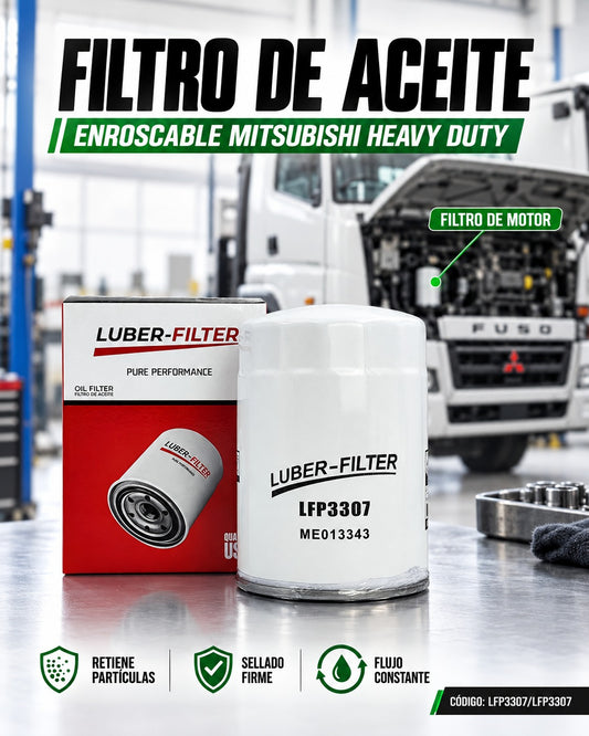 Filtro de aceite enroscable Mitsubishi Heavy Duty de KM Motos, muestra el filtro de aceite con rosca y marca visible.