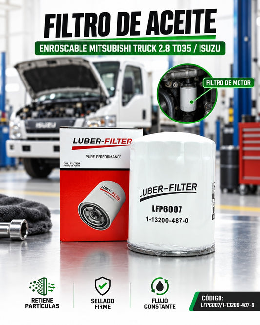 Filtro de aceite enroscable KM Motos para Mitsubishi Truck Heavy Duty 2.8 TD35 e Isuzu, resistente y fácil de instalar.