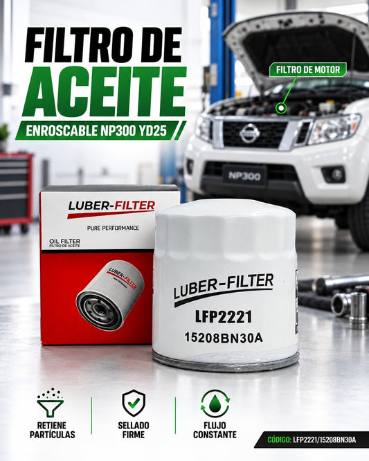 Filtro de aceite enroscable KM Motos para Nissan NP300 YD25, muestra el filtro de aceite en un entorno de taller.