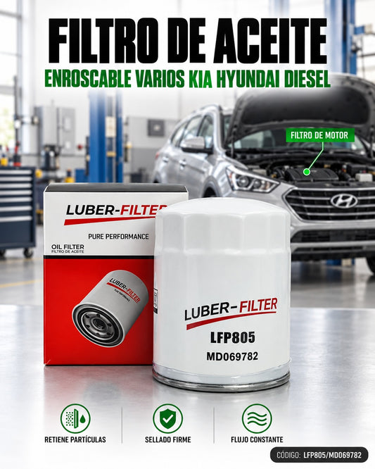 Filtro de aceite enroscable KM Motos para Kia Hyundai diésel, muestra el filtro de aceite con diseño enroscable y marca visible.