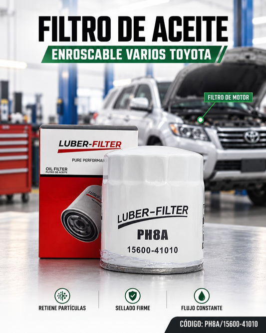 Filtro de aceite enroscable KM Motos para varios Toyota, imagen que muestra el filtro de aceite en su empaque.