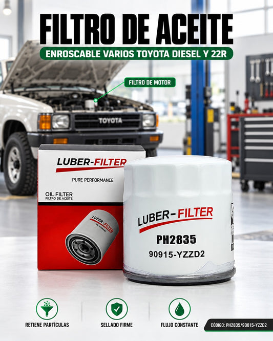 Filtro de aceite enroscable para Toyota Diesel Y 22R, marca KM Motos, con detalles visibles en el filtro de aceite.