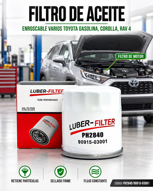 Filtro de aceite enroscable KM Motos para Toyota Corolla y RAV4, compatible con motores gasolina, visible en la imagen.