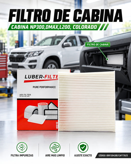 Filtro de aire de cabina KM Motos para Nissan NP300, DMAX, L200 y Colorado, visible en el filtro de aire.