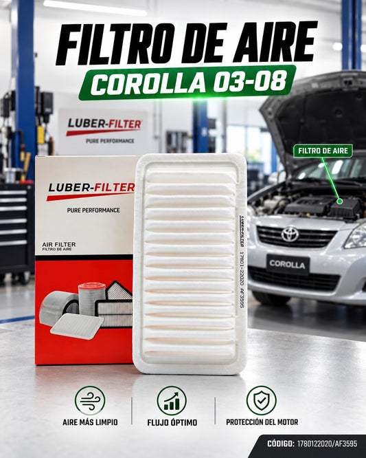 Filtro de aire KM Motos para Toyota Corolla 2003-2008, muestra el filtro de aire en su caja de embalaje.