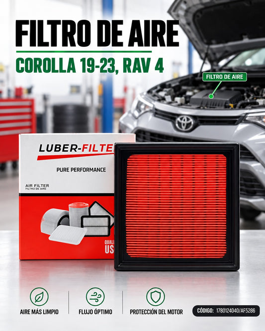 Filtro de aire KM Motos para Toyota Corolla 2019-2023 y RAV4, componente visible en la imagen con filtro de aire de alta calidad.