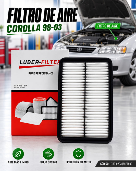 Filtro de aire para Toyota Corolla 98-03 de la marca KM Motos, mostrando el filtro de aire en la imagen.