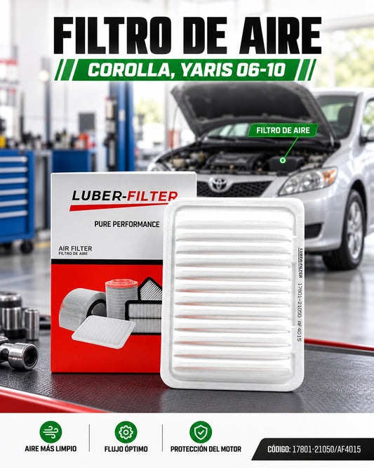 Filtro de aire para Toyota Corolla y Yaris 2006-2010 de KM Motos, muestra el filtro de aire con estructura de papel y malla.