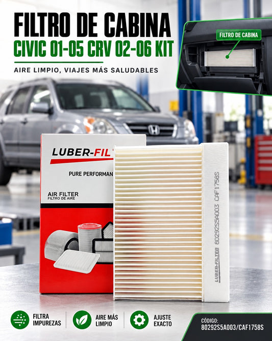 Filtro de aire de cabina para Honda Civic 01-05 y CRV 02-06, marca KM Motos, mostrando el filtro y su estructura.