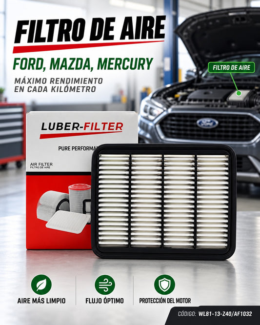 Filtro de aire KM Motos para Ford, Mazda y Mercury, muestra el filtro de aire con estructura de papel y marco plástico.