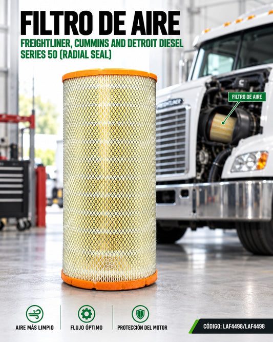 Filtro de aire KMMOTOSHN para Freightliner, Cummins y Detroit Diesel Series 50, sello radial, visible en la imagen.
