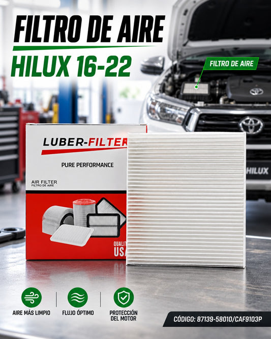 Filtro de aire KM Motos para Toyota Hilux 2016-2022, muestra el filtro con marco y elemento de filtración visible.