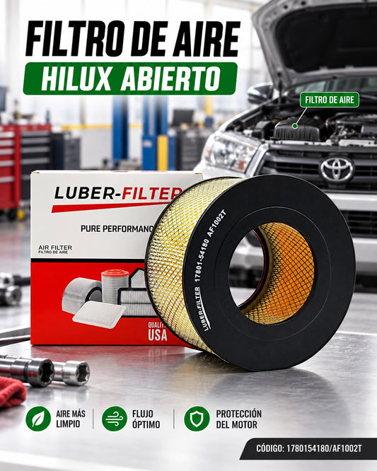 Filtro de aire abierto para Toyota Hilux de la marca KM Motos, mostrando el filtro en estructura abierta y acabado resistente.
