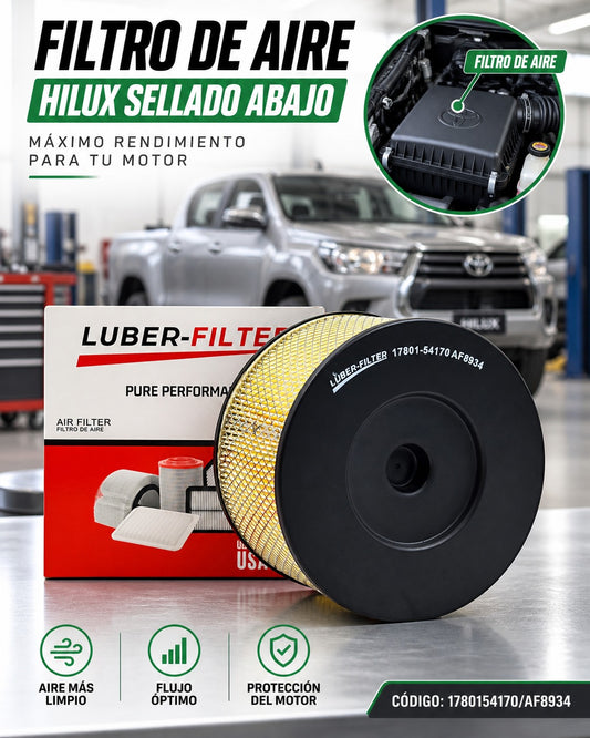 Filtro de aire sellado para Toyota Hilux, marca KM Motos, mostrando el filtro en su empaque y detalles de montaje.