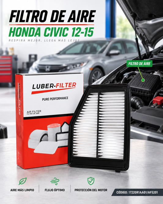 Filtro de aire para Honda Civic 12-15 de la marca KM Motos, muestra el filtro con estructura y componentes visibles.