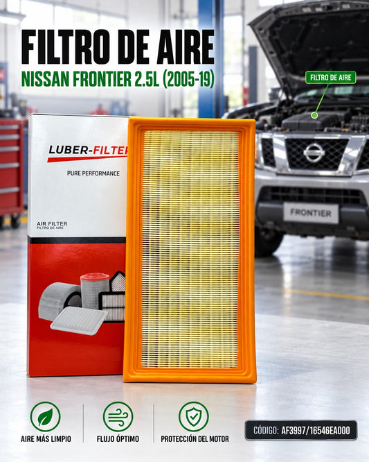 Filtro de aire KMMOTOSHN para Nissan Frontier 2.5L (2005-19), muestra el filtro limpio y listo para instalar en el motor.