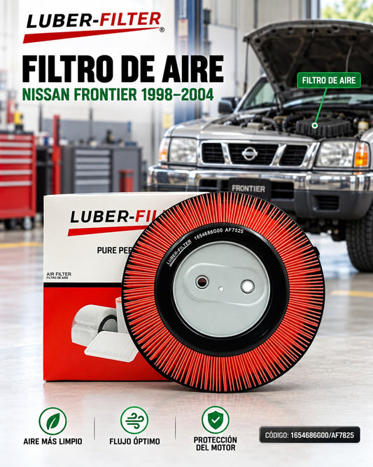 Filtro de aire Nissan Frontier 98-004 de KM Motos, visible en la imagen, muestra el filtro de alta calidad para protección del motor.
